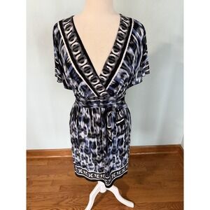 Lily Abstract Art Print Blue Black White Dress Drape Sleeves Tie Waist Sz PM